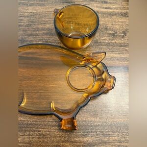 Vintage Indiana Tiara Glass Amber Pig Design Snack Set Mug & Tray